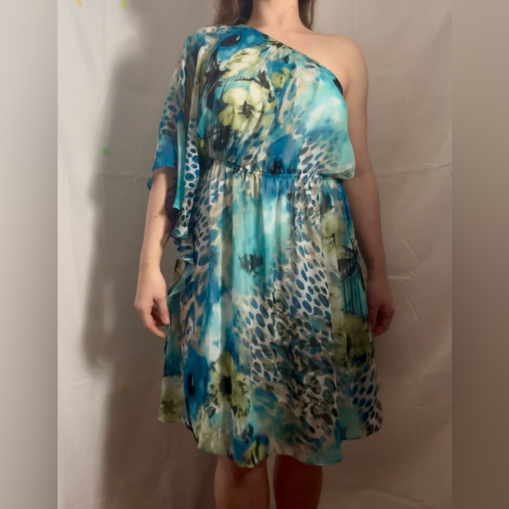 Turquoise Floral Abstract One Shoulder Flowy Boho Beach Goddess Dress Size L-XL - Picture 4 of 13
